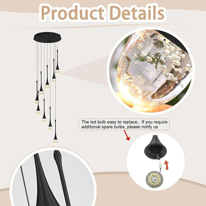 9-Lights Black Pendant Chandliers 100'' High Staircase Ceiling Chandeliers Crystal Bubble Raindrop Lighting Chandelier Ceiling Living Room Dimmable 2700-6000k LED Dining Lighting