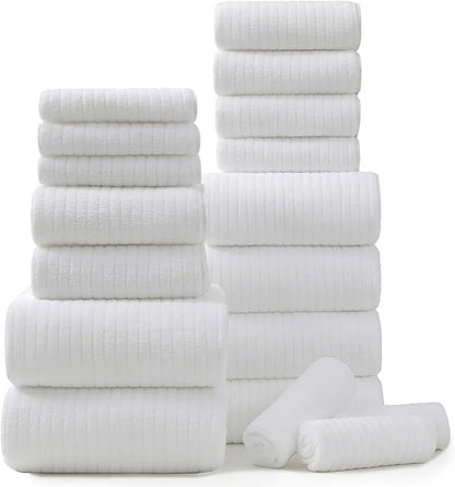 18 Piece Bath Towels Set,Ultra Soft Family Bathroom Towel Set with Hanging Loops-6 Bath Towels,6 Hand Towels,6 Washcloths,Highly Absorbent Quick Dry Shower Towel for Bathroom,Hotel,Spa-White Towel Set