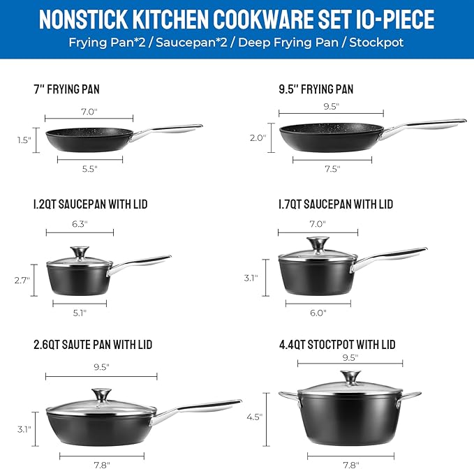Induction Cookware Nonstick, BEZIA Pots and Pans Set for Induction Cooktop, Compatible with All Stoves, Dishwasher Safe Kitchen Cooking Pan Set with Frying Pans, Saucepans & Stockpot, 10-Piece (Black)