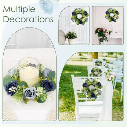 Blue Rose Candle Rings with Flameless Candles Sets - 4PCS Artificial Flower Eucalyptus Wedding Centerpiece 3 Inch Pillar Candleholders Wreaths for Wedding Party Decor (Blue - 2 Sets)