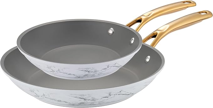 Frying Pan Nonstick Set 2 Piece, 8＆10 Inch Skillet Easy to Clean, Kitchen Fry Pan without PTFE & PFOA, Compatible with All Stovetops, Lightweight and Durable, Marble White