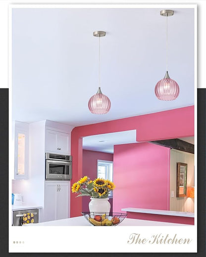 Brushed Nickel Pendant Lights Kitchen Island, Globe Pendant Light Fixtures with 8 Inch Clear Glass Shade, Modern Hanging Light Fixtures for Kitchen, Bedroom (2 Pack - Pink Glass Pendant Light)