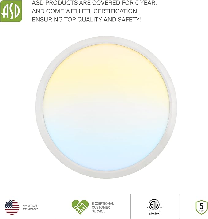 ASD LED 15" Round Flush Mount Ceiling Light Fixture, Low Profile Surface Lighting | 5CCT, Dimmable, Ultra-Thin, ETL Listed | 28W 2300LM 2700-6000K 100-277V | Kitchen, Hallway Lamp | White, 6 Pack