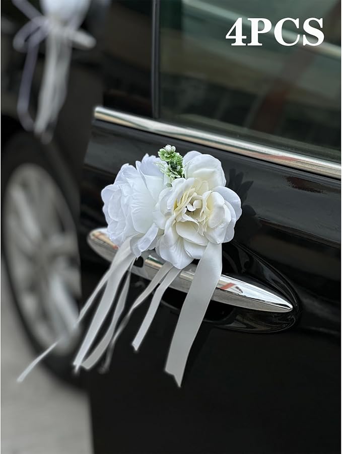 White Rose & Peony Wedding Car Door Handle Decor – 12 cm Artificial Flowers with Faux Greenery, Satin Ribbon Bow & Suction Cup – Versatile Bridal Vehicle & Mirror Ornament (Set of 4)