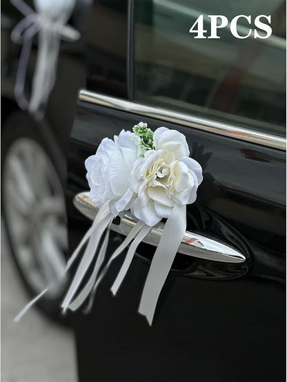 White Rose & Peony Wedding Car Door Handle Decor – 12 cm Artificial Flowers with Faux Greenery, Satin Ribbon Bow & Suction Cup – Versatile Bridal Vehicle & Mirror Ornament (Set of 4)