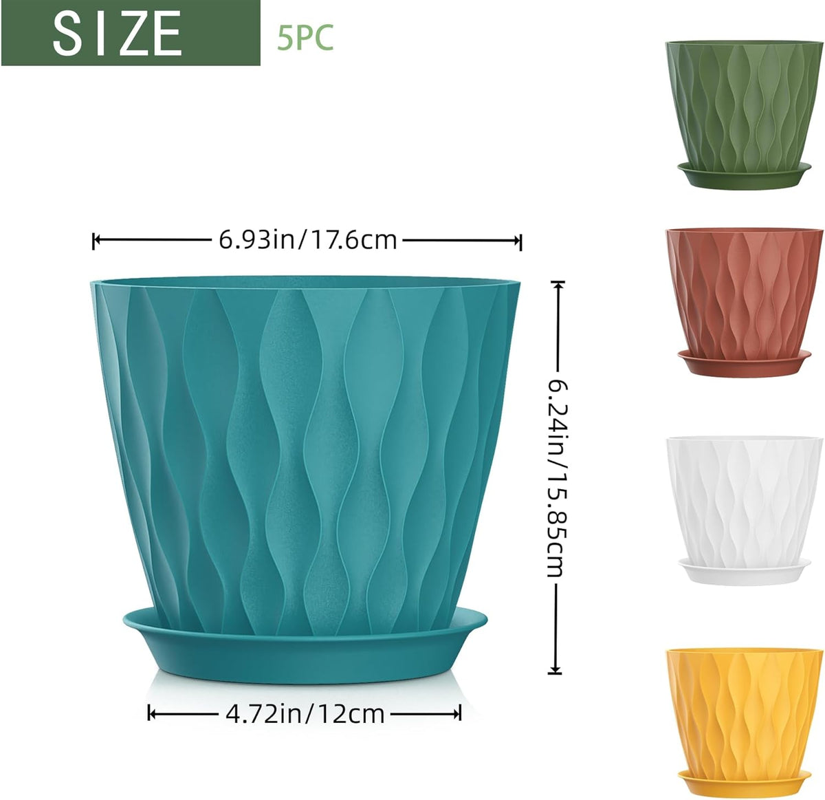 7 Inch Plant Pots 5 Pack, Flower Planters with Drainage Holes and Trays,Plastic Pots for Indoor Outdoor Plants,Multicolor