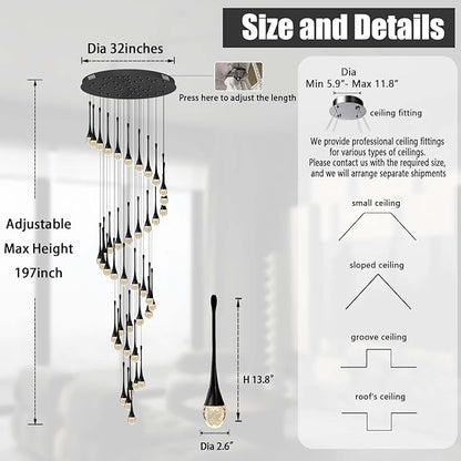 Staircase Chandelier 42-Lights Crystal Ceiling Lights Adjustable Length 197inches Large Chandeliers for High Ceilings, Entryway Lighting Fixture Black