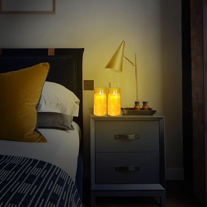 NURADA 3"x6"Flickering Flameless Candles: Built-in Star String Lights Acrylic Battery Operated LED Pillar Candles with Remote and Timer for Romantic Mood Home Decoration - 2 Pack Gold