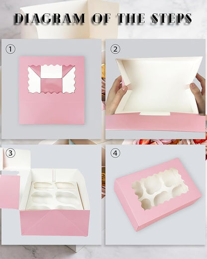 Bakepacker Auto-pop up 6 Cupcake Boxes with Window 20 Count Pink Box 9.4 x 6.1 x 3 inch Cupcake Carrier