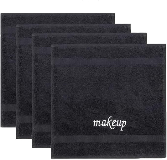 Chakir Turkish Linens | Hotel & Spa Quality 100% Cotton Premium Turkish Towels | Soft & Absorbent (4-Piece Washcloths, Black - Makeup Embroidered)