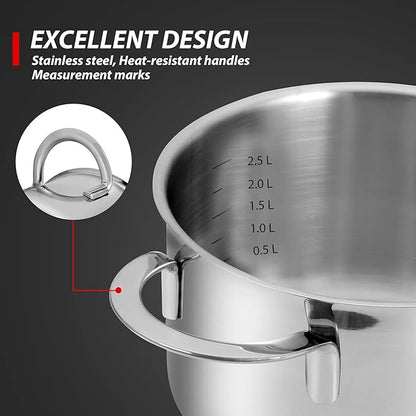 Tri-Ply Stainless Steel Sauce Pan with Steamer Basket & Straining Glass Lid — Heavy-Duty,Thick Base,Rust-Resistant,Warp-Free —100% Food-Grade —Built to Last– Works with All Stovetops, Pasta Pot 2.5 QT