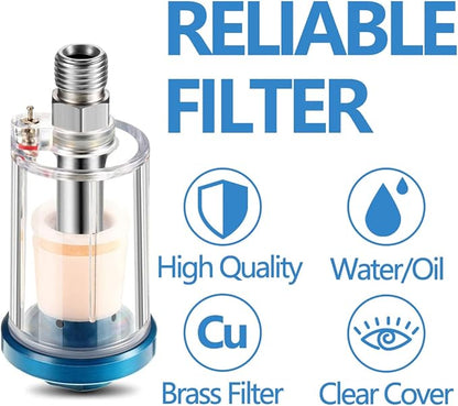 3 Pcs Mini in-Line Air Filter Water Oil Separator for Air Line with 5 Pcs Spray Tool Filter,1/4'' NPT Inlet and Outlet Oil Water Separator Airbrush Filter Moisture Separator