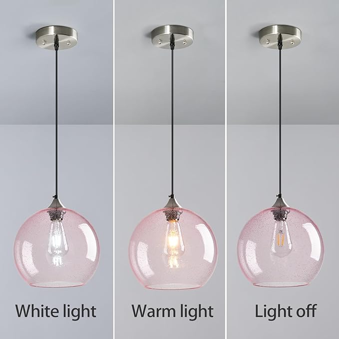 Pink Glass Pendant Lights Kitchen Island Globe Pendant Light Fixtures Modern Pendant Lighting for Bedroom Living Dining Room Light Fixture (9.84 in, 2 Pack)