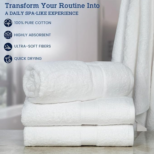 Casa Lino White Bath Towels Set of 4 (54" x 27") - Large Bathroom Towel Set - 100% Cotton Towels for Bathroom - Highly Absorbent & Quick Dry Bath Towel Multipack - New Apartment Essentials
