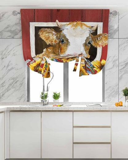 Tie Up Curtains for Windows, Cows Sunflowers Adjustable Balloon Nature Linen Textured Kitchen Curtain, Spring Floral Bees Farmhouse Barn Privacy Curtains Balloon Blind for Cafe, 42 x 63 Inches