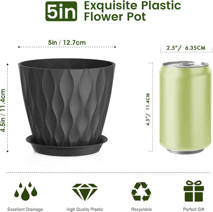 5 inch Plant Pots for Indoor Outdoor Plants, 6 Pack Thick Nursery Pots with Drainage Holes and Saucers, 3D Modern Wave Texture Small Plastic Planter Flower Pots for Succulent, Herb, Black