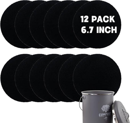 12 Pack - 6.7 Inch Round Compost Bin Charcoal Filters,Extra Thick Activated Carbon Charcoal Filters for Longer Lasting Odor Control, Fits Countertop and Home Bucket Kitchen Compost Bins (Refill)