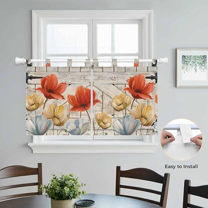 Retro Floral Kitchen Curtains 36 Inch Length, Small Window Curtains Tab Top, Red Yellow Tulips Barm Doors Farmhouse Wooden Light Filtering Short Window Treatments Tier Drapes 27.5"x36" 2 Panel