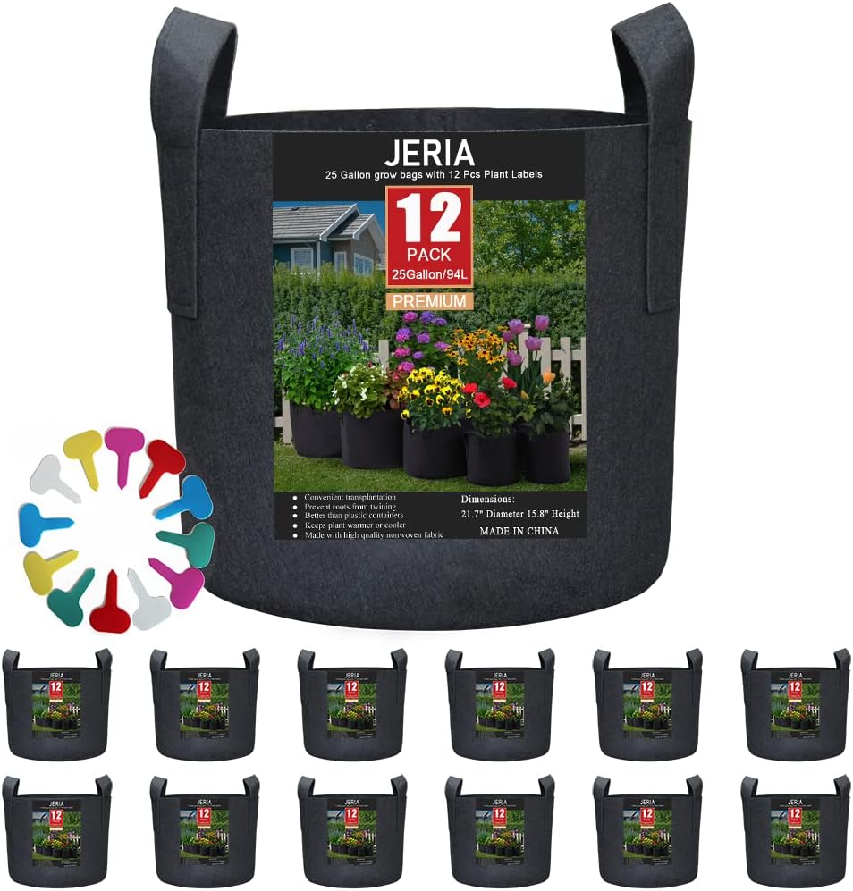 JERIA 12-Pack 25 Gallon, Vegetable/Flower/Plant Grow Bags, Aeration Fabric Pots with Handles (Black), Come with 12 Pcs Plant Labels