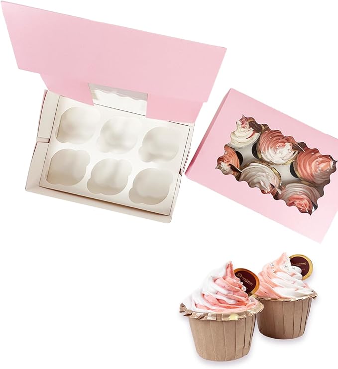 Bakepacker Auto-pop up 6 Cupcake Boxes with Window 20 Count Pink Box 9.4 x 6.1 x 3 inch Cupcake Carrier