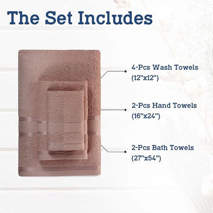 Casa Lino Bath Towel Set of 8 (2 Bath Towels, 4 Wash Cloths & 2 Hand Towels for Bathroom) - 100% Cotton - Highly Absorbent & Quick Dry - Guest Room Essentials for Bathroom Set - (Coffee Brown)
