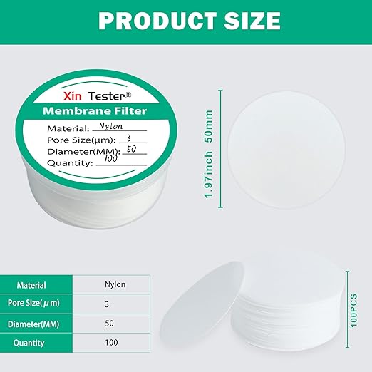 Xin Tester 100 Pieces Nylon Disc Membrane Filters, 50 mm Diameter, 3µm Pore Size