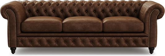 Valencia Parma 92" Leather Chesterfield Sofa, Premium Leather Upholstery, 3 Seater with Button-Tufted Back, Solid Wood Feet, Mid-Century Modern Design for Living Room (Lipari Chocolate)
