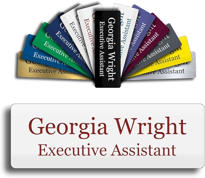 Custom Engraved Name Tag 1" x 3" Personalized Badge Magnetic or Pin Backing Made in The USA by Gem Awards (White w/Red Text)