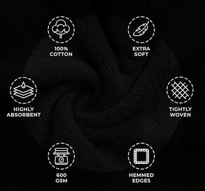 Avalon Towels Luxury 8 Piece Towels Set, 2 Bath Towels, 2 Hand Towels and 4 Washcloths, 600 GSM 100% Ring Spun Cotton Highly Absorbent Bathroom Towel Set, Ideal for Hotel, Spa and Gym (Black)