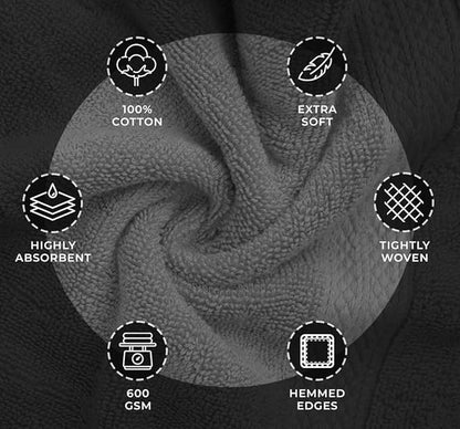 Avalon Towels Luxury 8 Piece Towels Set, 2 Bath Towels, 2 Hand Towels and 4 Washcloths, 600 GSM 100% Ring Spun Cotton Highly Absorbent Bathroom Towel Set, Ideal for Hotel, Spa and Gym (Grey)