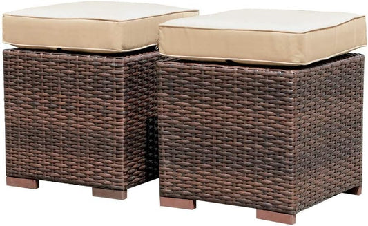 Patiorama 2 Pieces Assembled Outdoor Patio Ottoman, Indoor Outdoor All-Weather Dark Brown Wicker Rattan Outdoor Footstool Footrest Seat with Beige Cushions, No Assembly Required