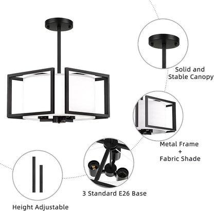 Modern Ceiling Light Fixture - Easric Semi Flush Mount Ceiling Light Industrial Light Fixtures Ceiling Mount with Fabric Shade Black Metal Frame Drum Ceiling Lights for Bedroom,Hallway,Kitchen