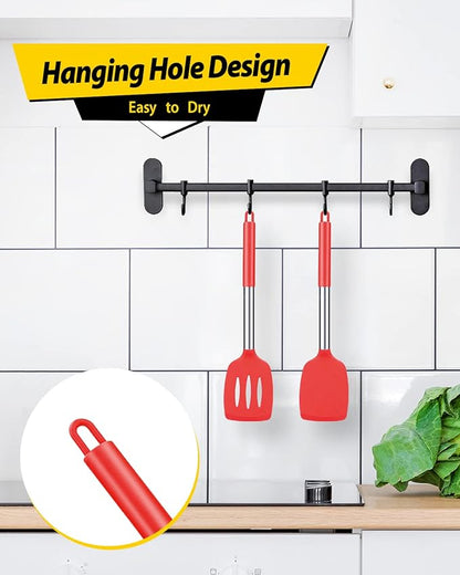 Pack of 2 Silicone Solid Turner, Non Stick Slotted Kitchen Spatulas, High Heat Resistant BPA Free Cooking Utensils, Ideal Cookware for Fish, Eggs, Pancakes(Red)