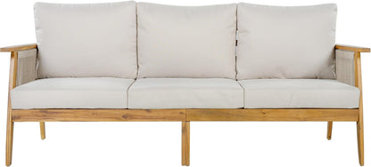 Christopher Knight Home Outdoor 3 Seater Patio Sofa with Acacia Wood Frame and Rope Weave Design, Cushioned Garden Couch with Removable Covers for Patio Deck Balcony, Teak and Beige