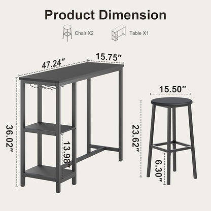 Small Bar Table Set for 2, Bar Table and Chair Set for 2, Kitchen Table for 2 with 2 Storage Shelves & Wine Glass Holder, Dining Table for Small Apartment, Dining Room, Black