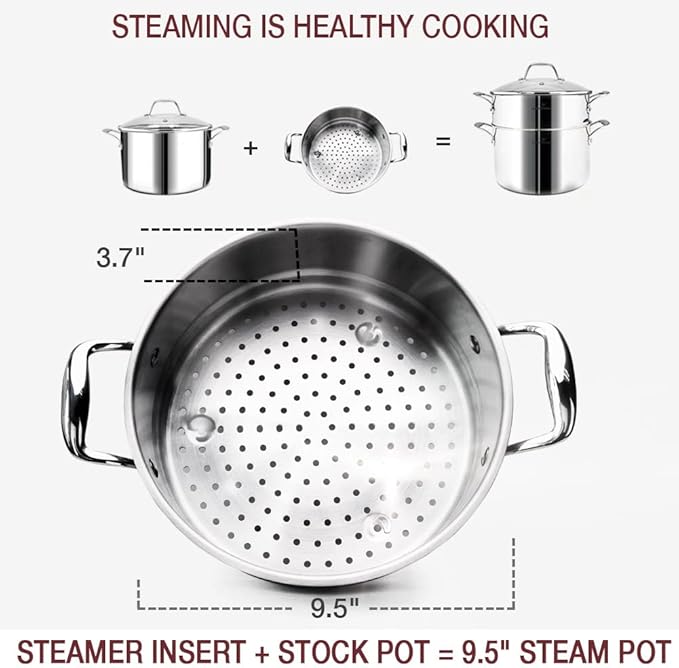 HOMICHEF 14-Piece Nickel Free Stainless Steel Cookware Set Whole-Clad 3-Ply - Mirror Polished Pots And Pans Set - Healthy Cookware Set With Steamer - Non-Toxic Induction Cookware Sets