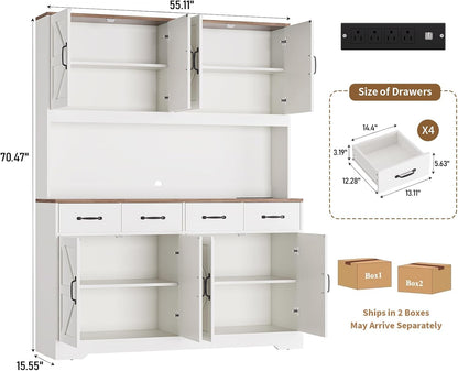 71'' Tall Pantry Cabinet with Charging Station, Large Modern Pantry Storage Cabinet with Adjustable Shelves, 4 Drawers & 4 Cabinets, 41'' Wide Kitchen Hutch with Countertop for Dining Room, White
