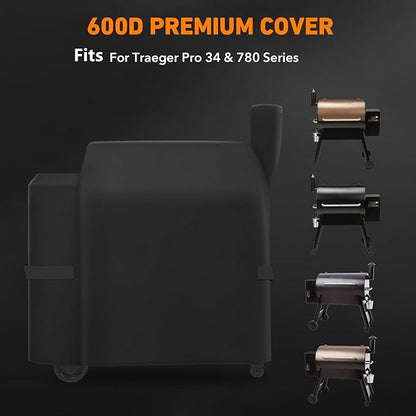 Outdoor Heavy Duty Waterproof Grill Cover Compatible with BAC380 BAC504 Traeger Pro 34 & 780 Series Wood Pellet Grill and Smoker, Texas and More, Full Length Barbecue Grill Cover, Black