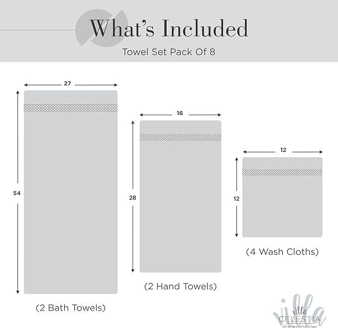 100% Combed Cotton Bathroom Towel Set of 8- 2 Bath Towels, 2 Hand Towels, 4 Wash Cloths, Sustainable, Soft, Highly Absorbent 8 Piece Cotton Bath Towel Set Ideal for Hotels, Spa, Bathroom, Dorm, White