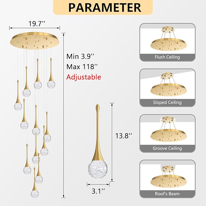 118 inches Modern Glam Crystal Chandelier for High Ceiling LED Dimmable Ceiling Pendant Light Staircase Foyer Enterway Living Room Chandelier Lighting Antique Gold 12 Lights