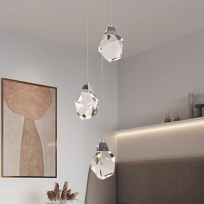 Modern Crystal Chandeliers, Round Raindrop Dimmable Pendant Lights Kitchen Island, Luxury Chrome Ceiling Hanging Lamp for Farmhouse Foyer Bedroom Entryway Dining Room (Round 3-Lights)