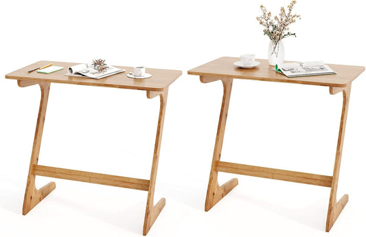 Giantex Bamboo TV Tray Table Set of 2, Z Shaped Sofa Side Table for Eating Snacks Coffee Laptop, Modern TV Dinner for Small Spaces Living Room Bedroom, Natural