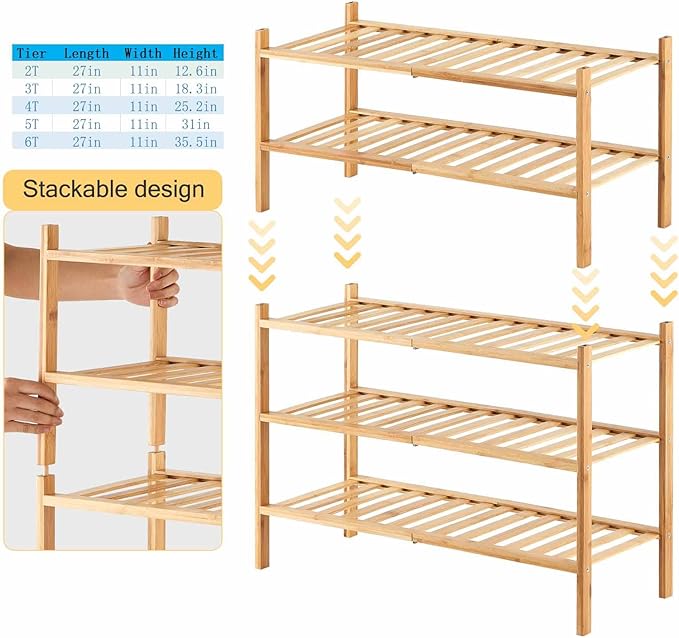 4-Tier Bamboo Shoe Rack for Entryway, Stackable | Heavy Duty | Multi-Function, Free Standing Shoe Racks for Bedroom Hallway Closet