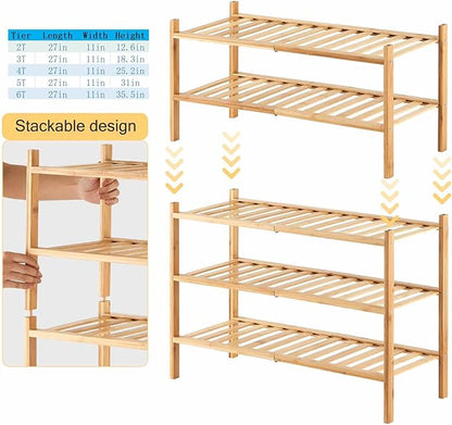 4-Tier Bamboo Shoe Rack for Entryway, Stackable | Heavy Duty | Multi-Function, Free Standing Shoe Racks for Bedroom Hallway Closet