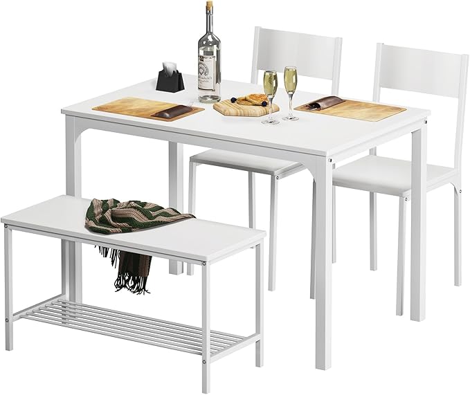 soges 4 Pieces Dining Table Set, 43.3 inch Kitchen Table Set for 4, Dining Set with 2 Chairs and Bench with Storage Rack, Nesting Furniture Set for Dining Room, Kitchen, Restaurant, White