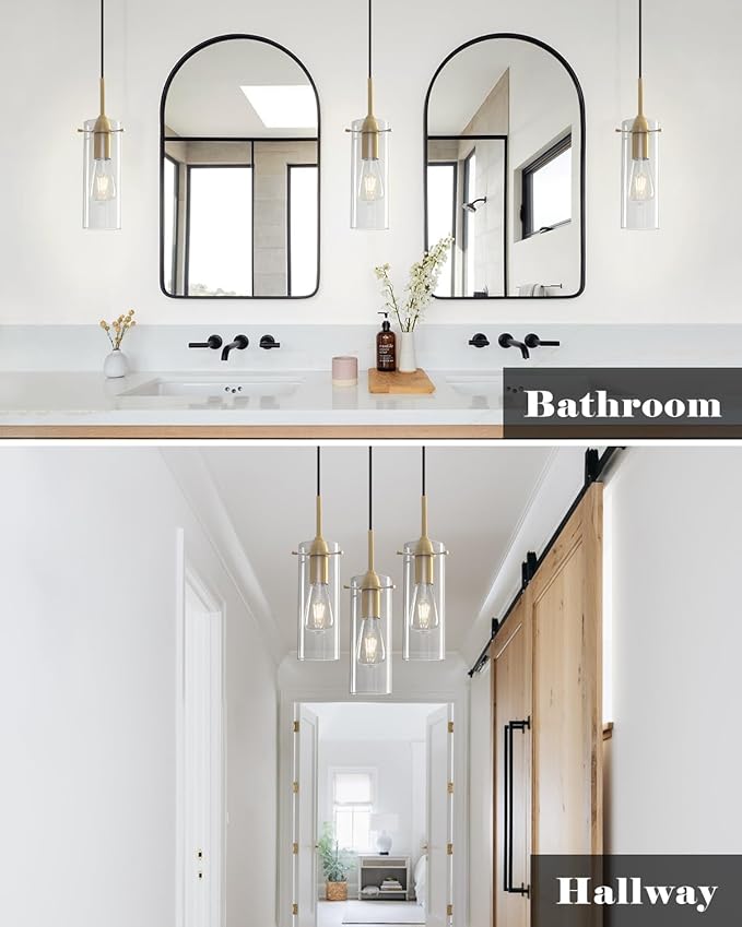 Gold Pendant Lights Kitchen Island 3 Packs, Blown Glass Pendant Light, Modern Glass Kitchen Pendant Light, Hanging Pendant Lights, Island Pendant Lights for Kitchen, Dining Living Bathroom