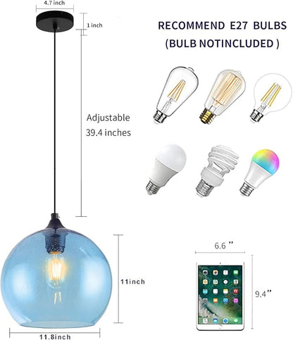 Blue Pendant Lights Kitchen Island Lighting Modern Globe Hand Blown Glass Pendant Light Ceiling Hanging Light fixtures for Kitchen Island Bedroom Living Dining Room Light Fixture-11.8in