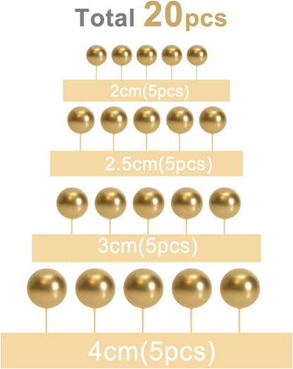 ASTARON 20 Pcs Ball Cake Topper Decorations Mini Balloons Cake Topper Sticks Gold Cake Picks Cake Balls for Graduation Wedding Birthday Cake Decorations