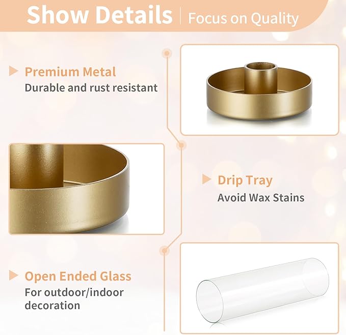 NUPTIO Gold Taper Candle Holders: 2 Pcs Hurricane Metal Candlestick Holder Stand with 11.81 inch Tall Clear Glass Open Ended Cylinder Covers for Tapered Candles Wedding Party Centerpieces for Tables