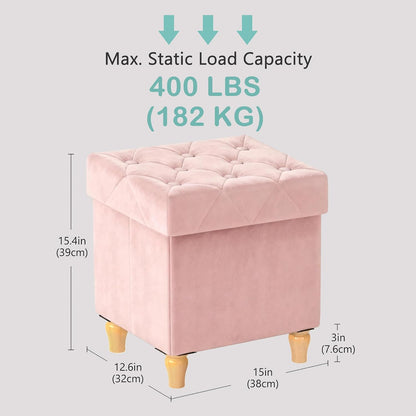 CAROLMADE Folding Storage Ottoman Cube Velvet Footstool with Wood Legs Ottoman Footrest for Living Room and Bedroom Pink, 15"x12.6"x15.4"